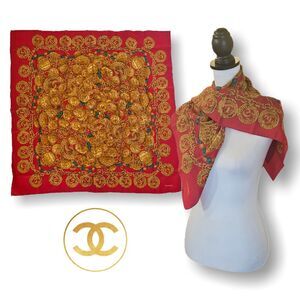 Chanel (Authentic) Red & Gold Jewel Motif 100% Silk Large 34" Vintage Scarf EUC